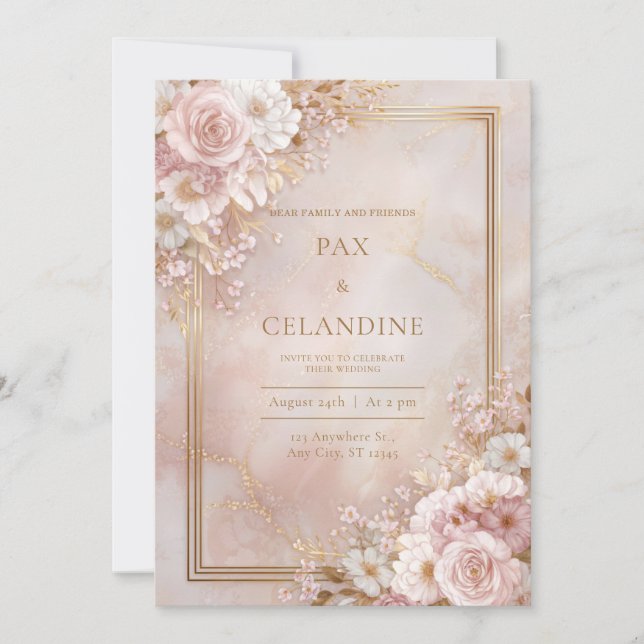 Invitación Blush Floral Marble Gilded Frame Wedding (Anverso)