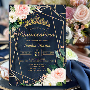 Invitación Blush Floral Navy Geométrico Mariposa Quinceañera