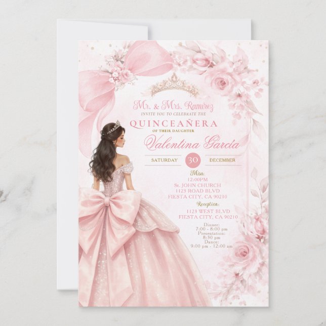 Invitación Blush Floral Pink Quinceañera Invitation (Anverso)