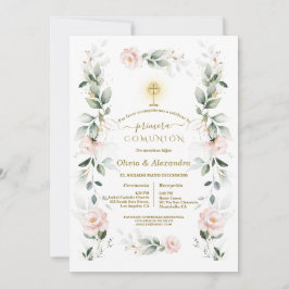 Invitación Blush Floral Primera Comunión Twins Holy Communion