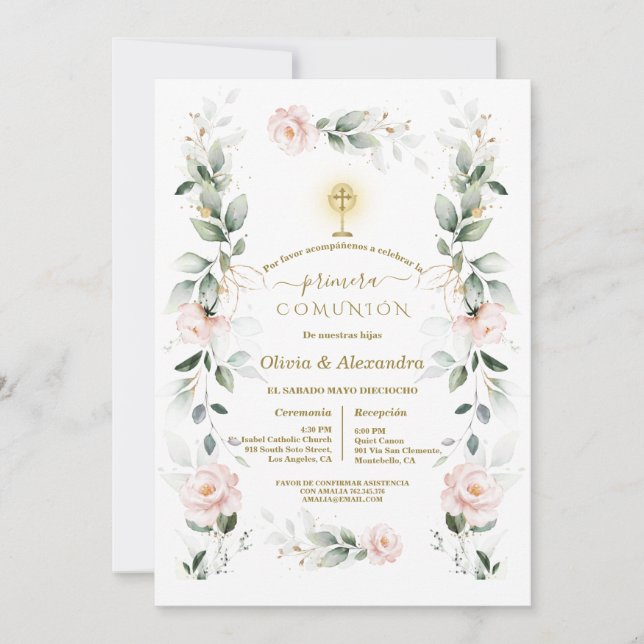 Invitación Blush Floral Primera Comunión Twins Holy Communion (Anverso)