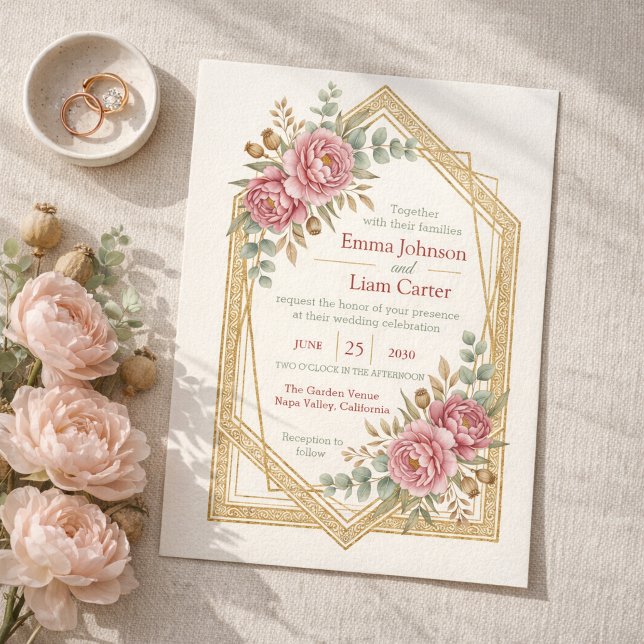 Invitación Blush Floral Watercolor Roses & Eucalyptus Wedding (Elegant Blush Floral Watercolor Roses & Eucalyptus Wedding Invitation)
