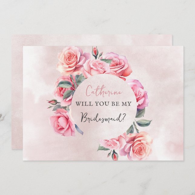 Invitación Blush Floral Wreath Will You Be My Bridesmaid (Anverso / Reverso)