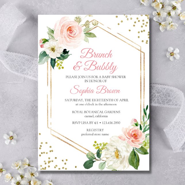 Invitación Blush Gold Floral Brunch And Bubbly Bridal Shower (Pink Floral Brunch and Bubbly Invitation)