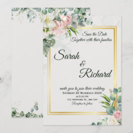 Invitación Blush Greenery Gold Frame Wedding Invitation