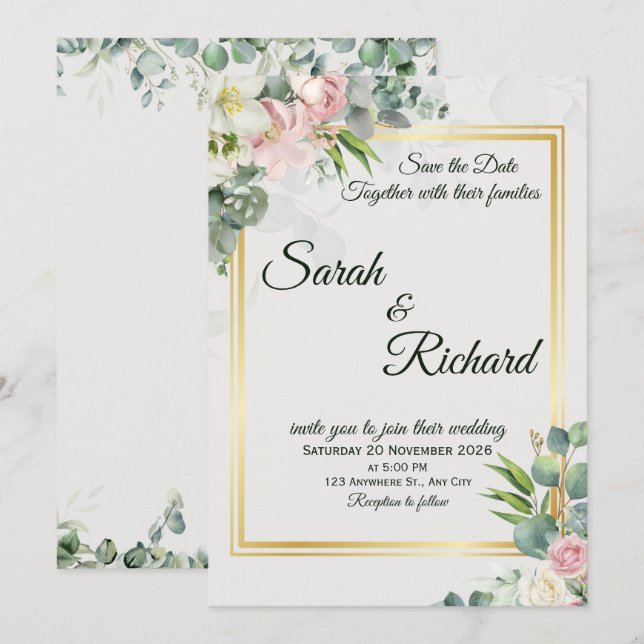 Invitación Blush Greenery Gold Frame Wedding Invitation (Anverso / Reverso)