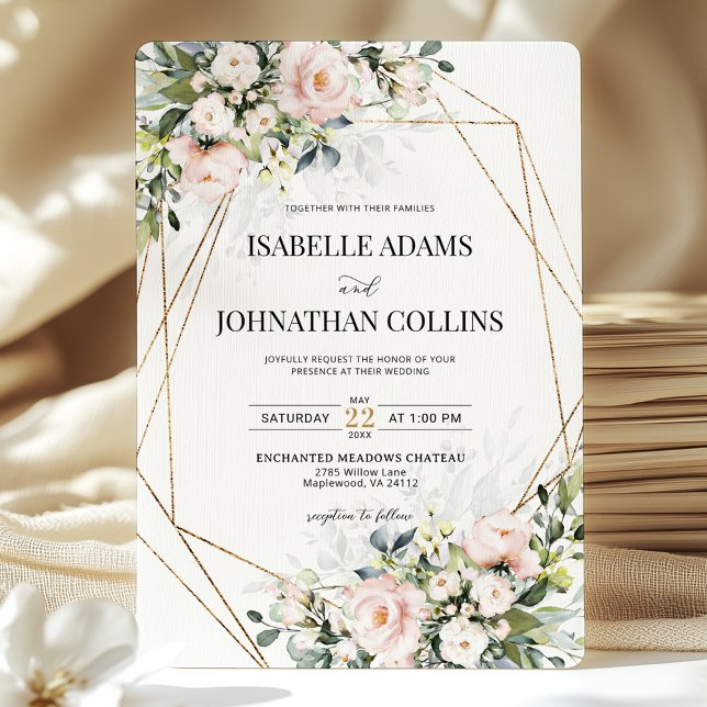 Invitación Blush Ivory Floral Gold Geometric Wedding  (Subido por el creador)