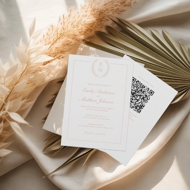 Invitación Blush Laurel Monogram Wedding Invitation QR Code (Subido por el creador)