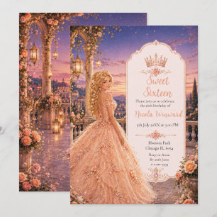 Invitación Blush Melocotón Sweet 16 Princesa Jardín