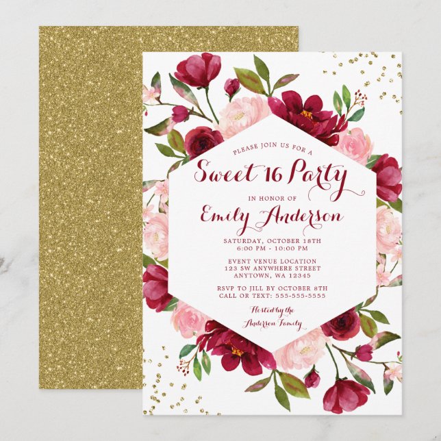 Invitación Blush Moderno Burgundy Floral Dulces 16 (Anverso / Reverso)