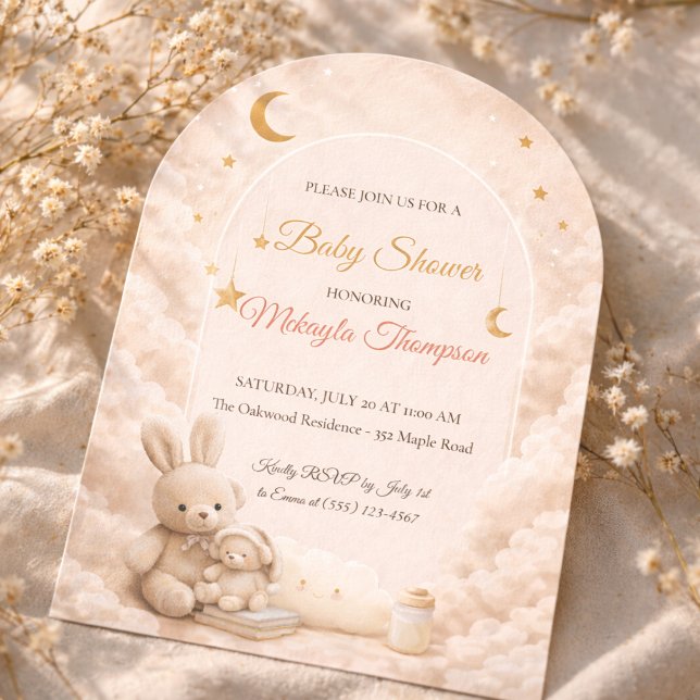 Invitación Blush Moon Bunny Invitation (Blush cloud arch with golden moon and bunny detail for a soft, dreamy baby shower setting)