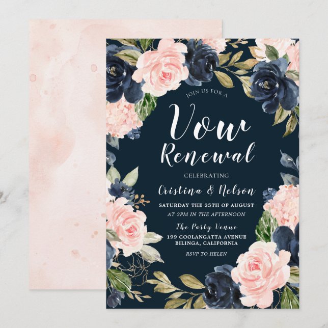 Invitación Blush Navy Floral Corona Renovación de Votos (Anverso / Reverso)
