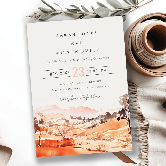 Invitación Blush Orange Watercolor Woods Mountain Wedding (Subido por el creador)