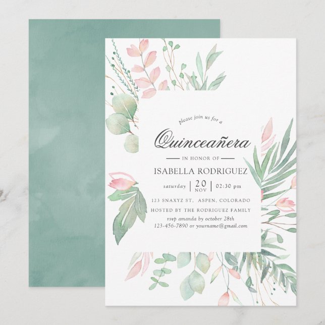 Invitación Blush Pastel Verde Quinceañera (Anverso / Reverso)