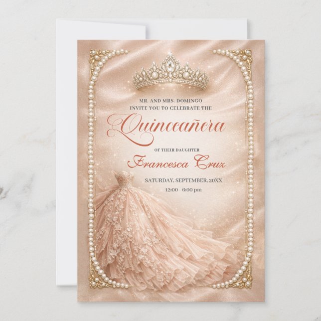 Invitación Blush & Pearl Royal Tiara quinceanera  (Anverso)
