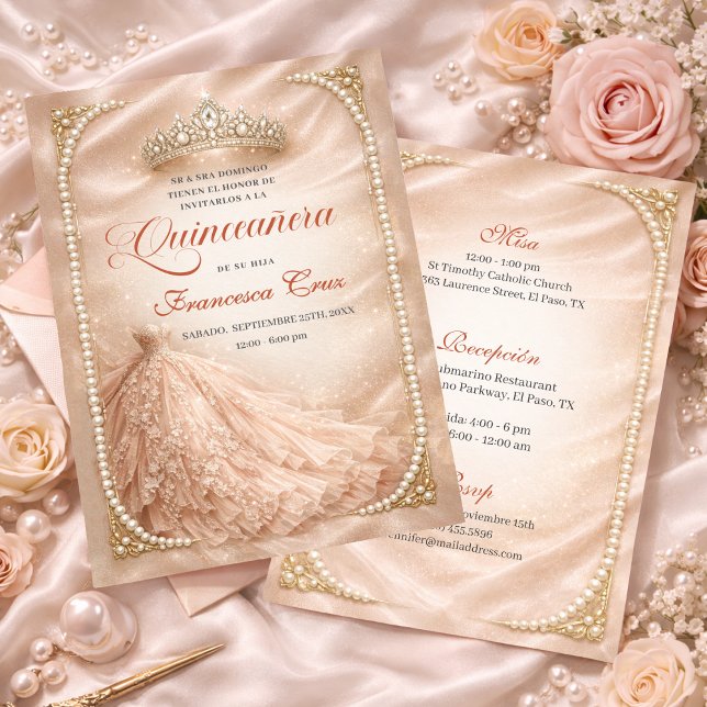 Invitación Blush & Pearl Royal Tiara Spanish quinceanera   (Subido por el creador)