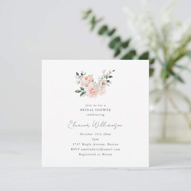 Invitación Blush Peony Floral Square Minimalist Bridal Shower (Anverso de pie)