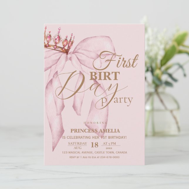 Invitación Blush Pink and Gold Bow First Birthday Party (Anverso de pie)