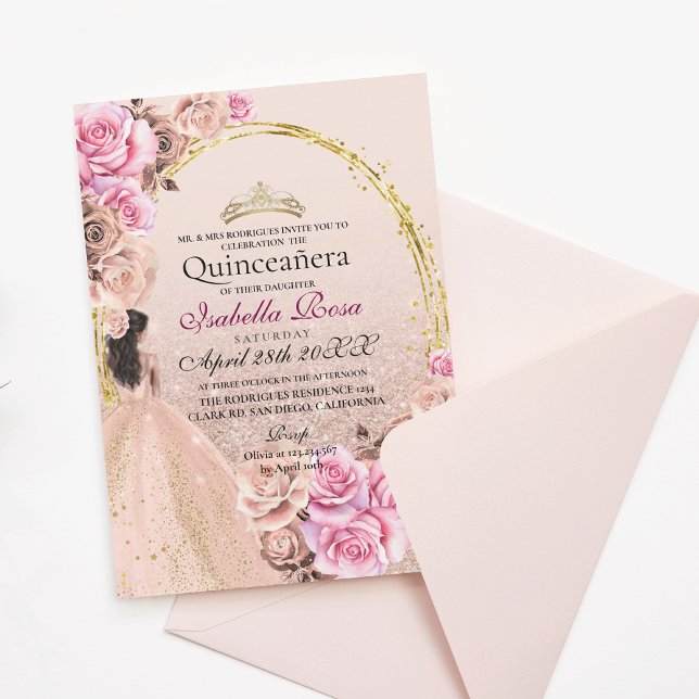 Invitación  Blush Pink and Gold Roses Elegant Quinceanera (Subido por el creador)