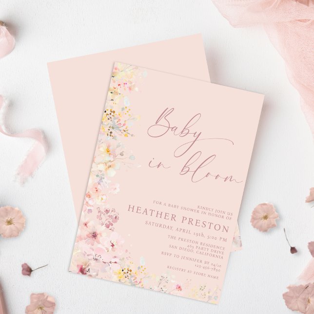 Invitación Blush Pink Baby In Bloom Wildflower QR Baby Shower (Subido por el creador)