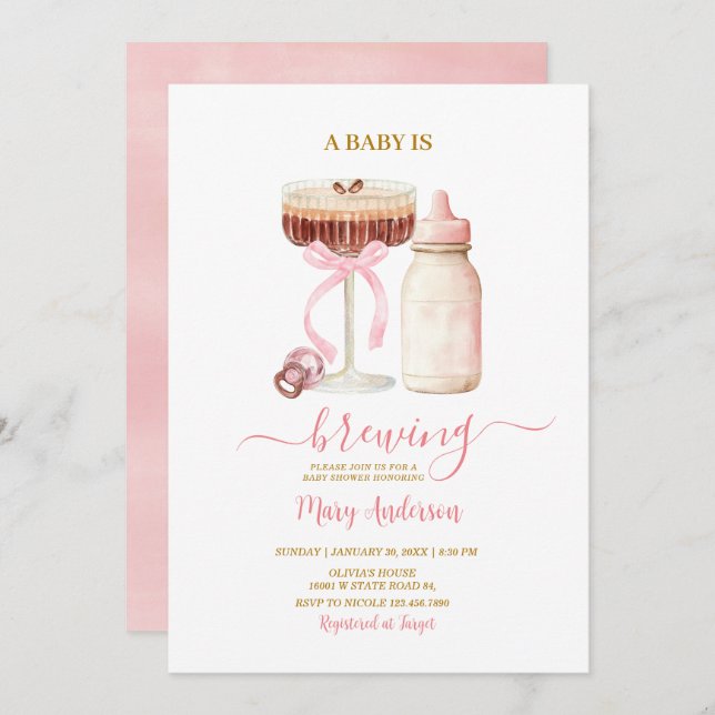 Invitación Blush Pink Baby Is Brewing Milk Bottle Baby Shower (Anverso / Reverso)