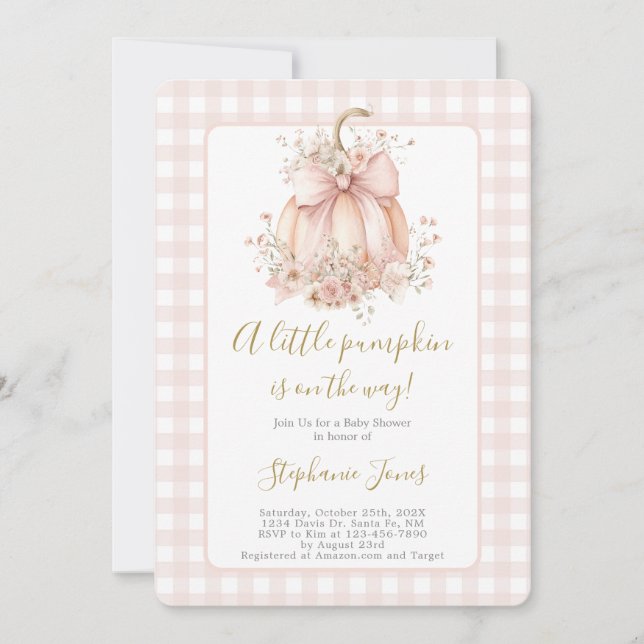 Invitación Blush Pink Bow A Little Pumpkin Baby Shower girl (Anverso)