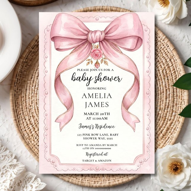 Invitación Blush Pink Bow Baby Shower Invitation Editable Ele (Subido por el creador)