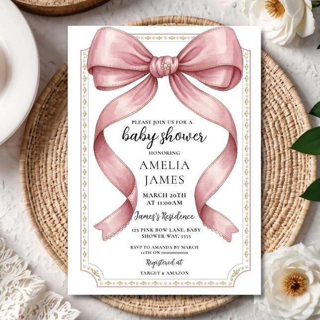 Invitación Blush Pink Bow Baby Shower Invitation Editable Ele (Subido por el creador)