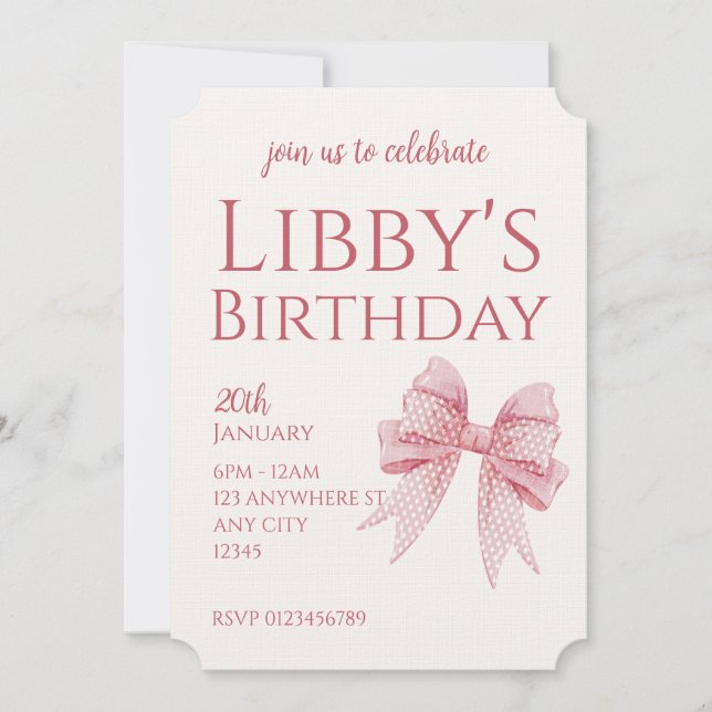 Invitación Blush Pink Bow Birthday  (Anverso)