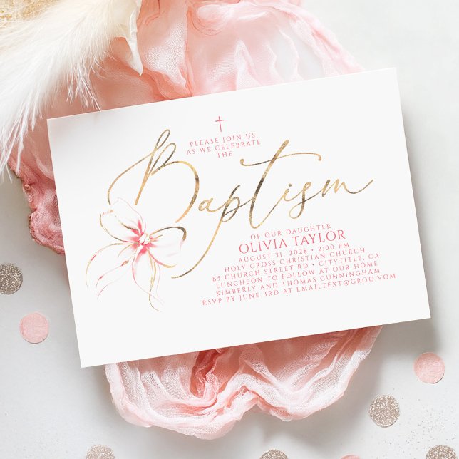 Invitación Blush Pink Bow Elegant Minimalist Girl Baptism (Pink Bow Baptism Invitation)
