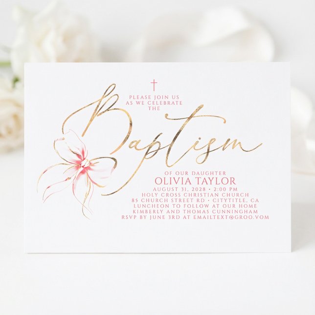 Invitación Blush Pink Bow Elegant Minimalist Girl Baptism (Pink Bow Girl Baptism Invitation)