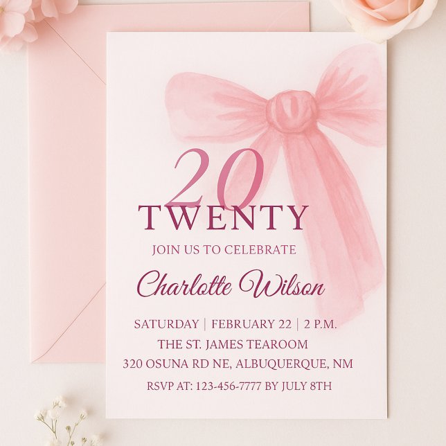 Invitación Blush Pink Bow Elegant Twenty 20th Birthday (Subido por el creador)