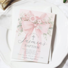 Invitación Blush Pink Bow Floral Baby Girl Baptism