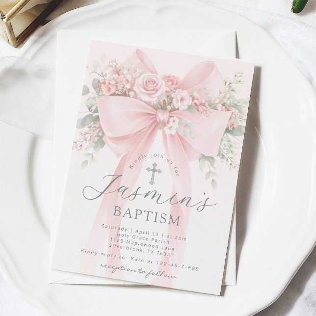 Invitación Blush Pink Bow Floral Baby Girl Baptism (Subido por el creador)
