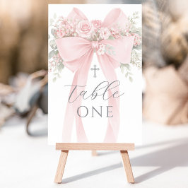 Invitación Blush Pink Bow Floral Baptism Table Number