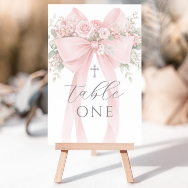 Invitación Blush Pink Bow Floral Baptism Table Number (Subido por el creador)
