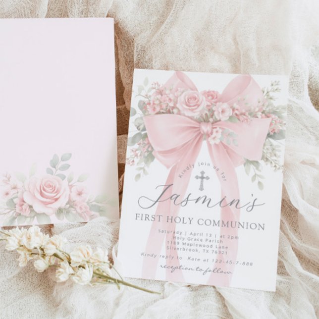 Invitación Blush Pink Bow Floral First Holy Communion (Subido por el creador)