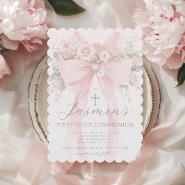 Invitación Blush Pink Bow Floral First Holy Communion
