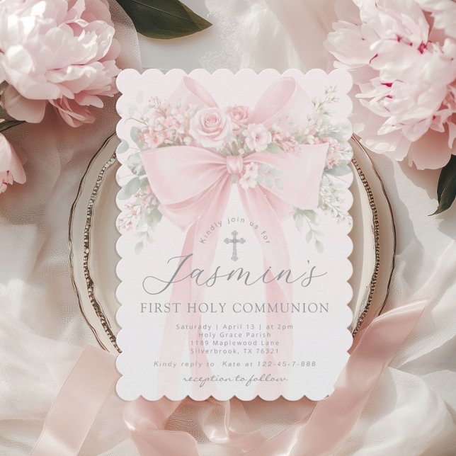 Invitación Blush Pink Bow Floral First Holy Communion (Subido por el creador)