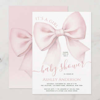 Invitación Blush Pink Bow It's a Girl Baby Shower