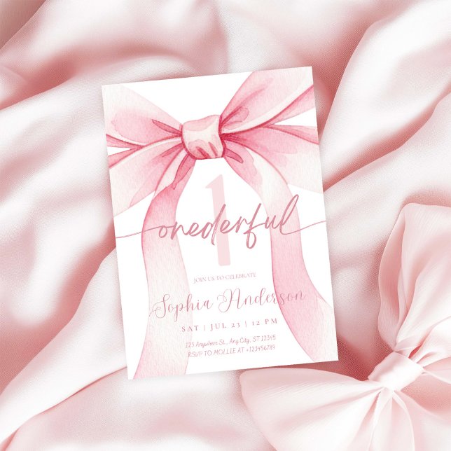 Invitación Blush Pink Bow Onederful 1st Birthday (Subido por el creador)