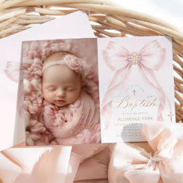 Invitación Blush Pink Bow Pearls Gold Cross photo Baptism