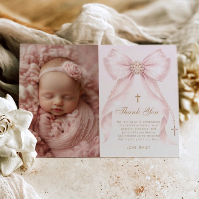 Invitación Blush Pink Bow Photo Baptism Thank you Card (Subido por el creador)