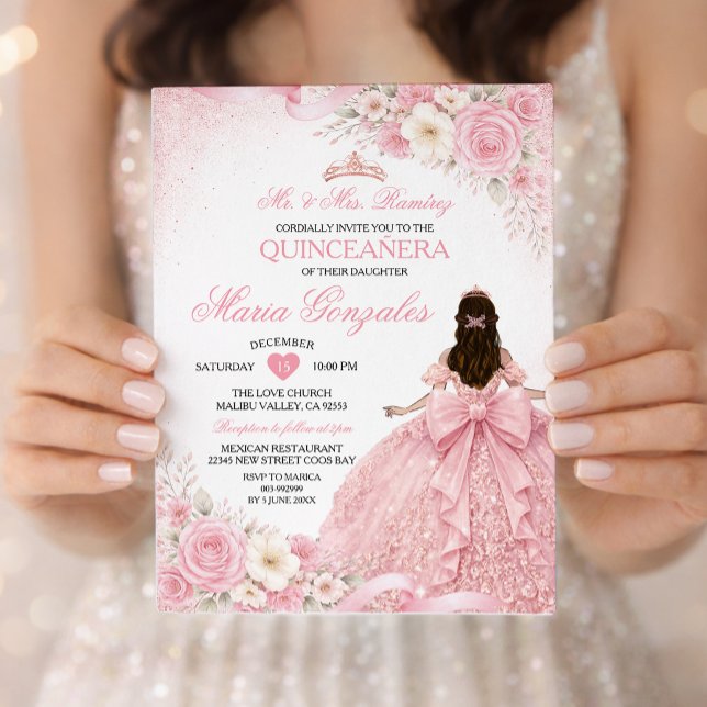 Invitación Blush Pink Bow Princess Floral Girl Quinceañera (Subido por el creador)
