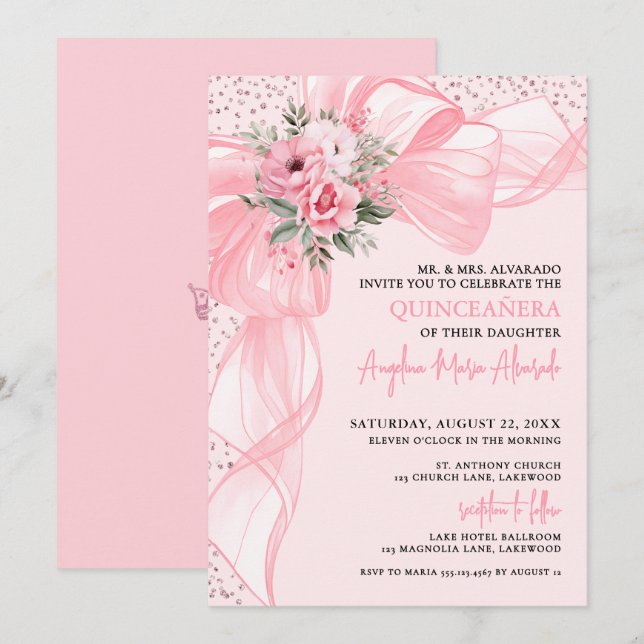 Invitación Blush Pink Bow Quinceanera (Anverso / Reverso)