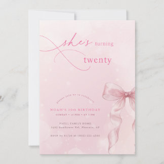 Invitación Blush Pink Bow Ribbon Girls 20th Birthday Party