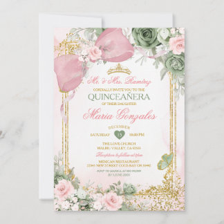 Invitación Blush Pink Bow & Sage Green Floral Quinceañera