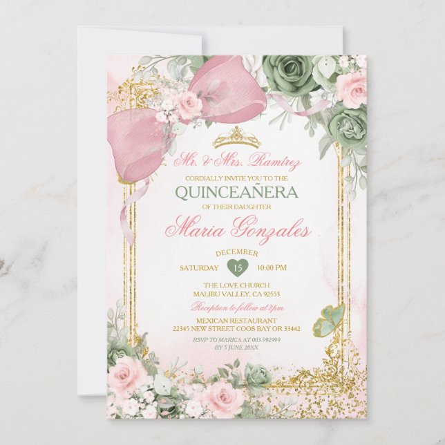 Invitación Blush Pink Bow & Sage Green Floral Quinceañera (Anverso)