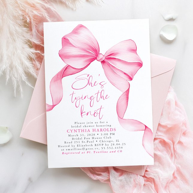 Invitación Blush Pink Bow She's Tying the Knot Bridal Shower (Pink Bow Whimsical Playful Bridal Shower Invitation)
