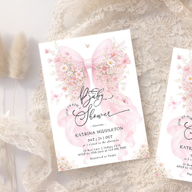 Invitación Blush Pink Bow Wildflower Butterfly Baby Shower (Subido por el creador)